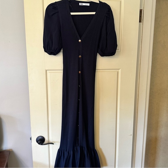 Zara SS20 Ribbed Knit Midi Dress Gold Buttons Navy Blue - Picture 11 of 11